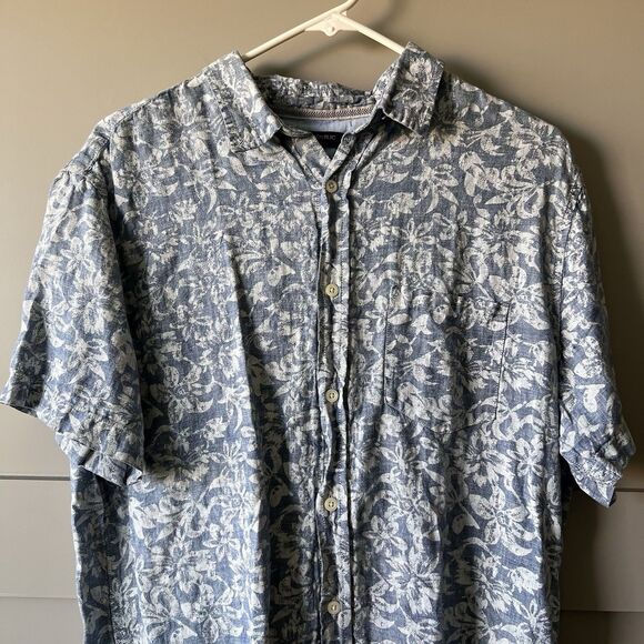 Banana Republic Linen Button Up Shirt Men Sz L Blue Chambray Floral Short Sleeve - Picture 2 of 11